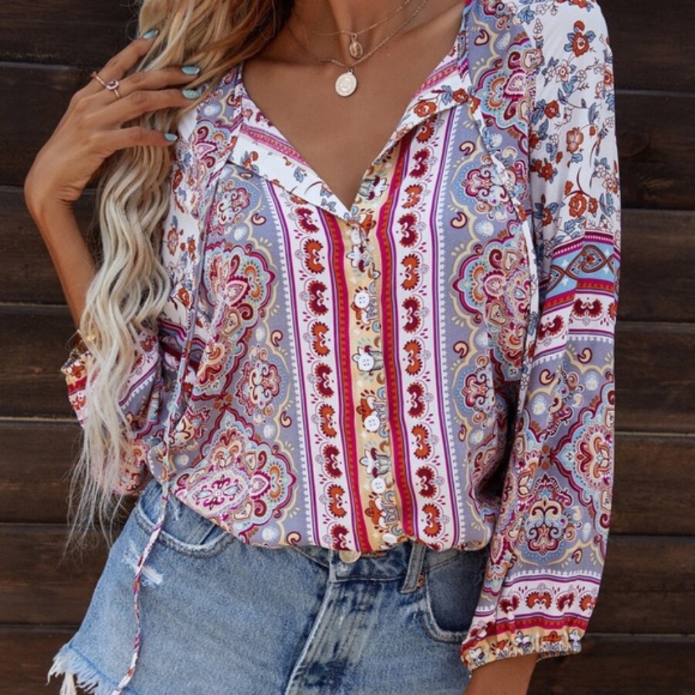 Boho Pink Floral Paisley Button up Tie Top cottagecore - Picture 1 of 5
